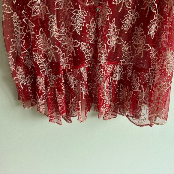 VTG Hosanna Design USA Red Leaf Pattern Beaded Semi Sheer Plus Size Top 2X - Picture 4 of 6